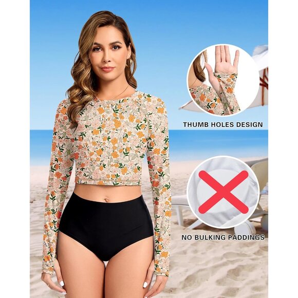 Women Rash Guard Long Sleeve Crop Top UPF 50+ Sun Protection Swim Shirt - Picture 2 of 6